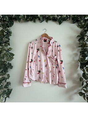 Kate Spade New York Notch Collar Long Sleeve Pajama Shirt Holiday Pink Size L